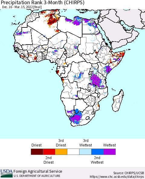 Africa Precipitation Rank 3-Month (CHIRPS) Thematic Map For 12/16/2021 - 3/15/2022