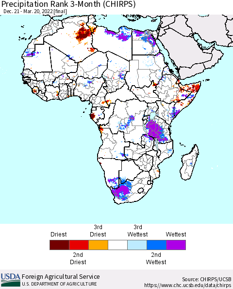 Africa Precipitation Rank 3-Month (CHIRPS) Thematic Map For 12/21/2021 - 3/20/2022