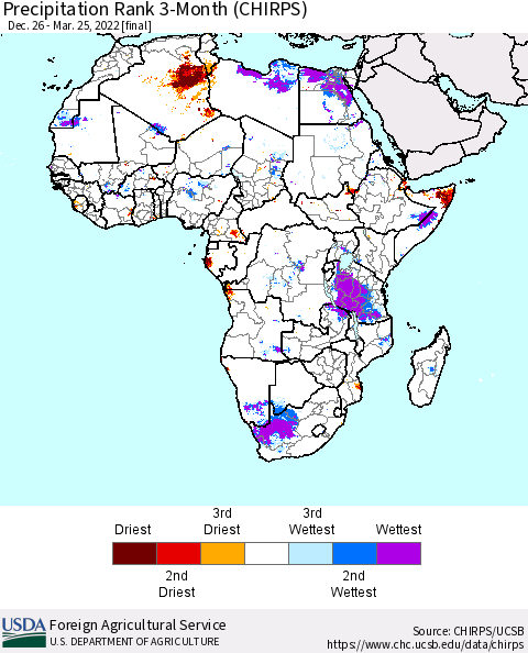 Africa Precipitation Rank 3-Month (CHIRPS) Thematic Map For 12/26/2021 - 3/25/2022
