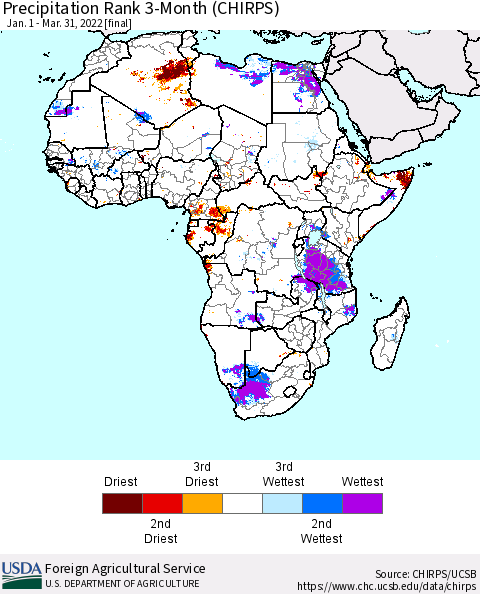 Africa Precipitation Rank since 1981, 3-Month (CHIRPS) Thematic Map For 1/1/2022 - 3/31/2022
