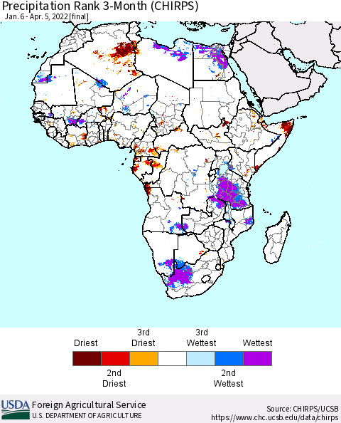 Africa Precipitation Rank since 1981, 3-Month (CHIRPS) Thematic Map For 1/6/2022 - 4/5/2022