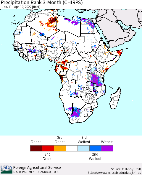 Africa Precipitation Rank 3-Month (CHIRPS) Thematic Map For 1/11/2022 - 4/10/2022