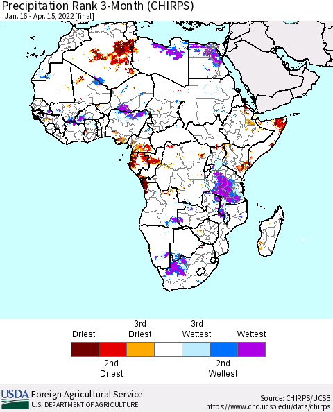 Africa Precipitation Rank 3-Month (CHIRPS) Thematic Map For 1/16/2022 - 4/15/2022