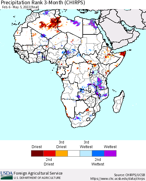 Africa Precipitation Rank since 1981, 3-Month (CHIRPS) Thematic Map For 2/6/2022 - 5/5/2022
