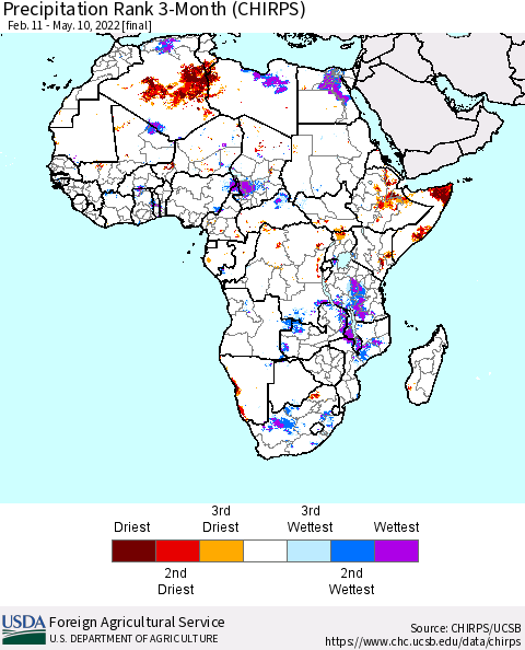 Africa Precipitation Rank 3-Month (CHIRPS) Thematic Map For 2/11/2022 - 5/10/2022