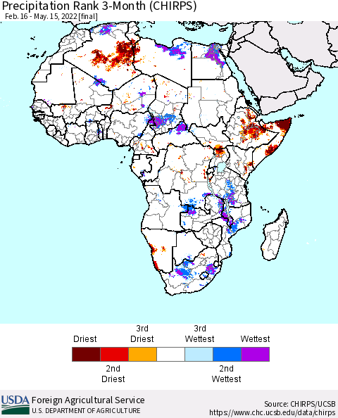 Africa Precipitation Rank since 1981, 3-Month (CHIRPS) Thematic Map For 2/16/2022 - 5/15/2022