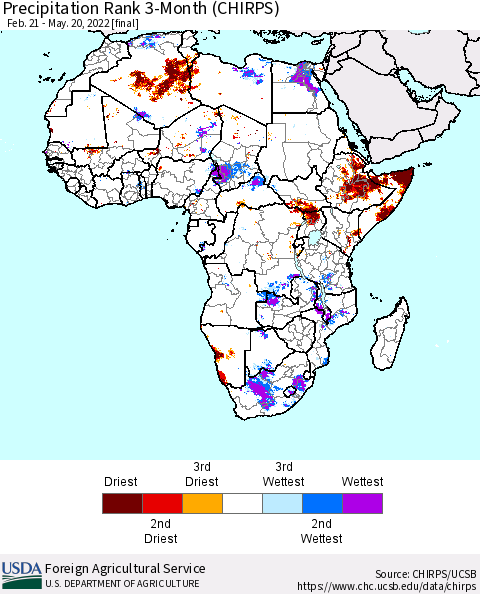 Africa Precipitation Rank 3-Month (CHIRPS) Thematic Map For 2/21/2022 - 5/20/2022