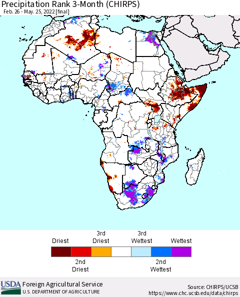 Africa Precipitation Rank 3-Month (CHIRPS) Thematic Map For 2/26/2022 - 5/25/2022