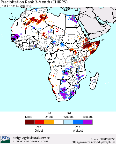 Africa Precipitation Rank 3-Month (CHIRPS) Thematic Map For 3/1/2022 - 5/31/2022