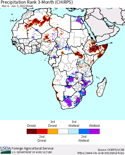 Africa Precipitation Rank since 1981, 3-Month (CHIRPS) Thematic Map For 3/6/2022 - 6/5/2022
