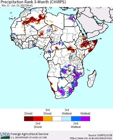 Africa Precipitation Rank since 1981, 3-Month (CHIRPS) Thematic Map For 3/11/2022 - 6/10/2022