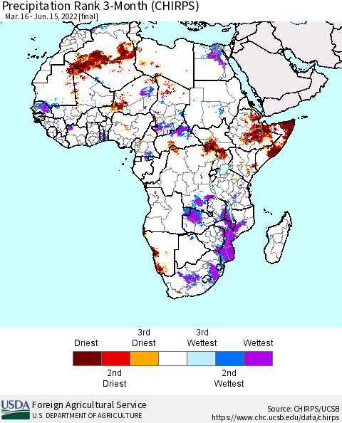 Africa Precipitation Rank 3-Month (CHIRPS) Thematic Map For 3/16/2022 - 6/15/2022