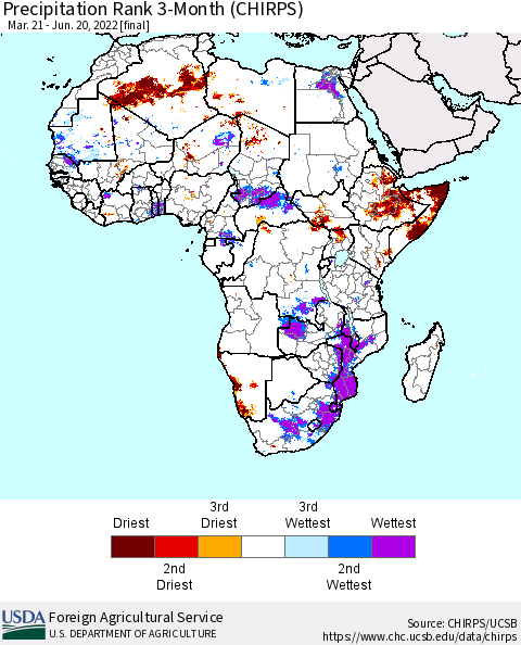 Africa Precipitation Rank 3-Month (CHIRPS) Thematic Map For 3/21/2022 - 6/20/2022