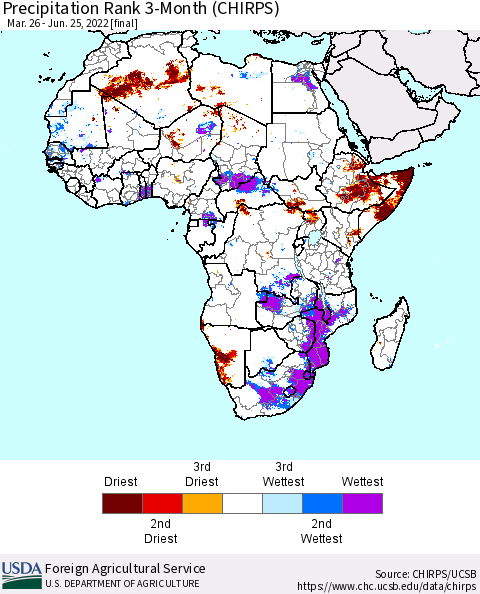 Africa Precipitation Rank since 1981, 3-Month (CHIRPS) Thematic Map For 3/26/2022 - 6/25/2022