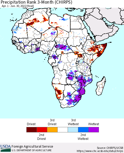 Africa Precipitation Rank since 1981, 3-Month (CHIRPS) Thematic Map For 4/1/2022 - 6/30/2022