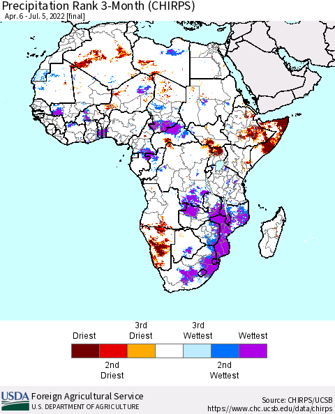 Africa Precipitation Rank 3-Month (CHIRPS) Thematic Map For 4/6/2022 - 7/5/2022