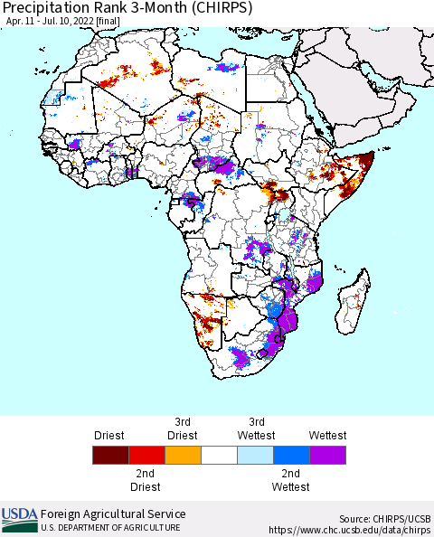 Africa Precipitation Rank 3-Month (CHIRPS) Thematic Map For 4/11/2022 - 7/10/2022