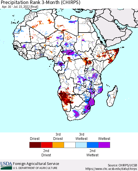 Africa Precipitation Rank 3-Month (CHIRPS) Thematic Map For 4/16/2022 - 7/15/2022