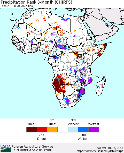 Africa Precipitation Rank 3-Month (CHIRPS) Thematic Map For 4/21/2022 - 7/20/2022