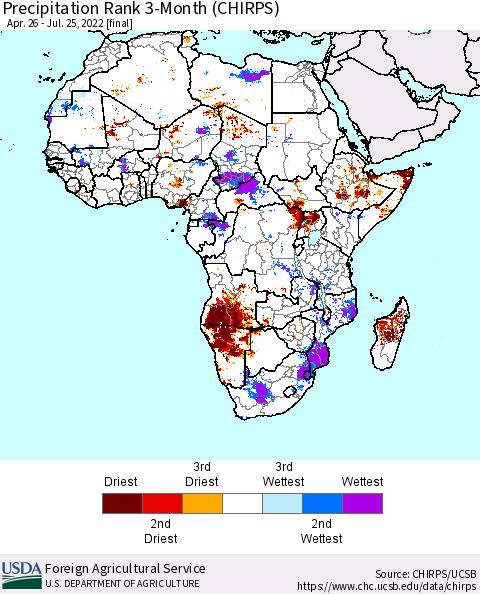 Africa Precipitation Rank since 1981, 3-Month (CHIRPS) Thematic Map For 4/26/2022 - 7/25/2022