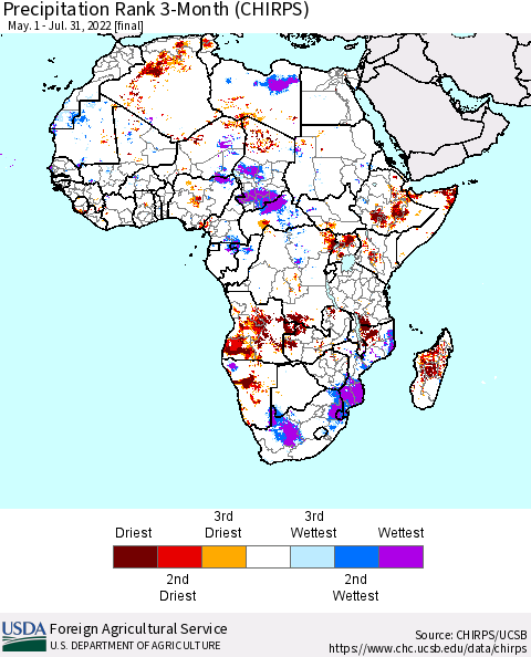 Africa Precipitation Rank since 1981, 3-Month (CHIRPS) Thematic Map For 5/1/2022 - 7/31/2022