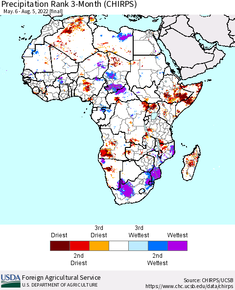 Africa Precipitation Rank since 1981, 3-Month (CHIRPS) Thematic Map For 5/6/2022 - 8/5/2022