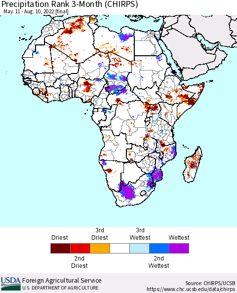 Africa Precipitation Rank 3-Month (CHIRPS) Thematic Map For 5/11/2022 - 8/10/2022