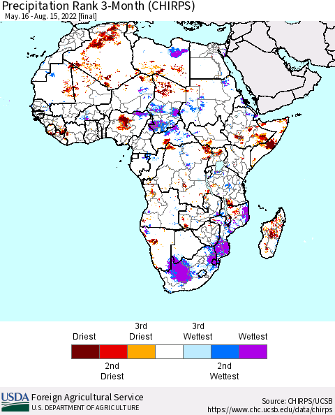 Africa Precipitation Rank since 1981, 3-Month (CHIRPS) Thematic Map For 5/16/2022 - 8/15/2022