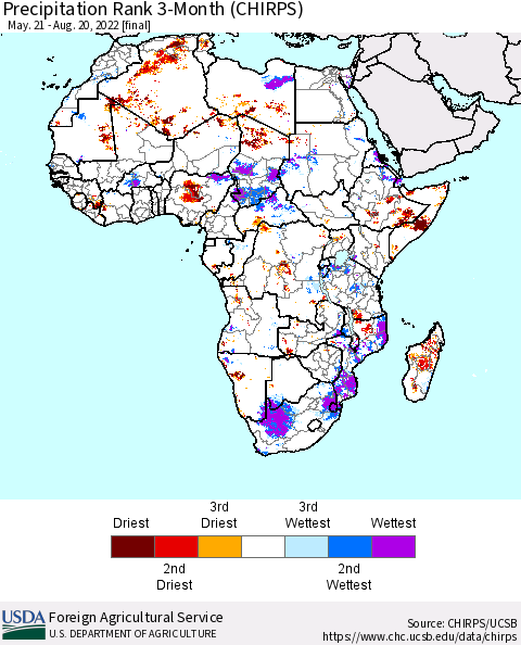 Africa Precipitation Rank since 1981, 3-Month (CHIRPS) Thematic Map For 5/21/2022 - 8/20/2022