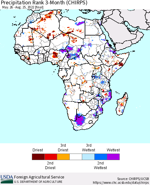 Africa Precipitation Rank 3-Month (CHIRPS) Thematic Map For 5/26/2022 - 8/25/2022