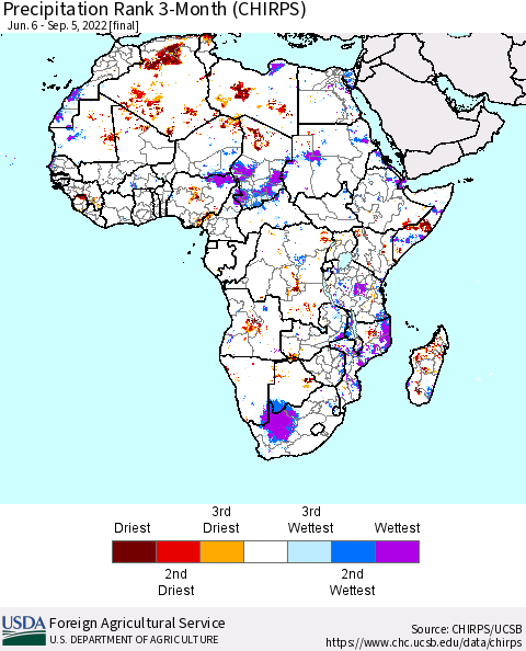 Africa Precipitation Rank 3-Month (CHIRPS) Thematic Map For 6/6/2022 - 9/5/2022