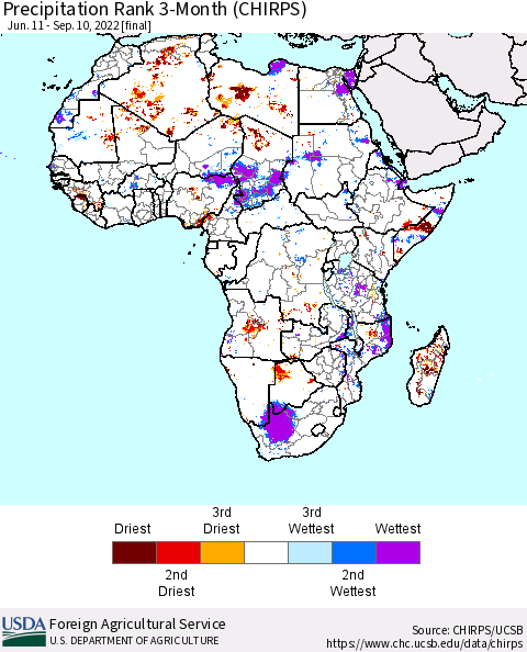 Africa Precipitation Rank 3-Month (CHIRPS) Thematic Map For 6/11/2022 - 9/10/2022