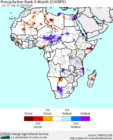 Africa Precipitation Rank 3-Month (CHIRPS) Thematic Map For 6/21/2022 - 9/20/2022