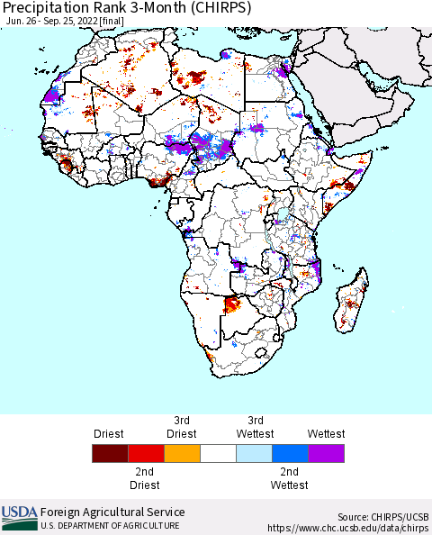 Africa Precipitation Rank 3-Month (CHIRPS) Thematic Map For 6/26/2022 - 9/25/2022