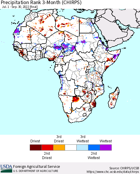 Africa Precipitation Rank 3-Month (CHIRPS) Thematic Map For 7/1/2022 - 9/30/2022