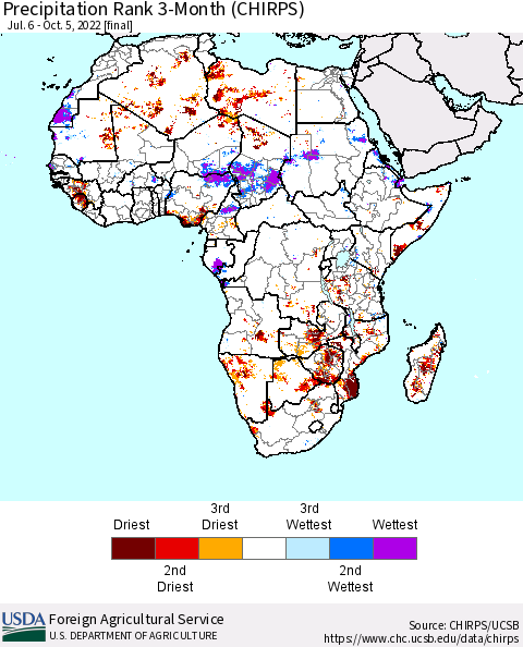Africa Precipitation Rank 3-Month (CHIRPS) Thematic Map For 7/6/2022 - 10/5/2022