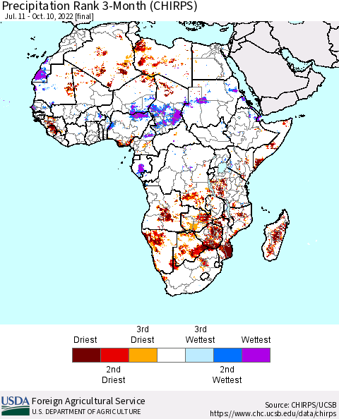 Africa Precipitation Rank since 1981, 3-Month (CHIRPS) Thematic Map For 7/11/2022 - 10/10/2022