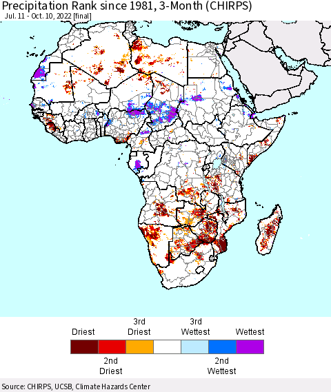 Africa Precipitation Rank since 1981, 3-Month (CHIRPS) Thematic Map For 7/11/2022 - 10/10/2022