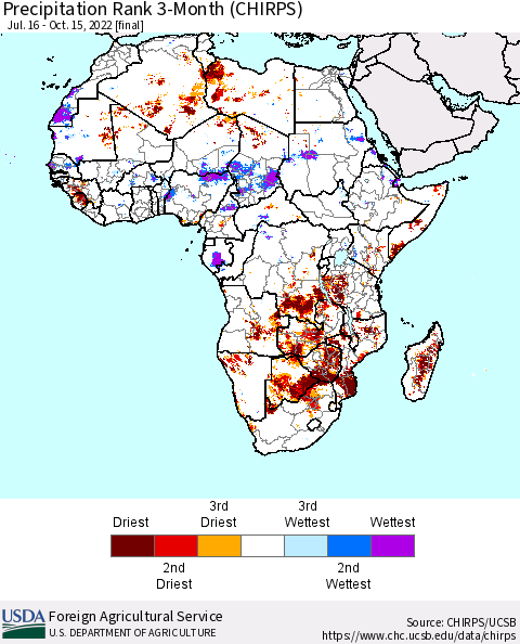 Africa Precipitation Rank since 1981, 3-Month (CHIRPS) Thematic Map For 7/16/2022 - 10/15/2022