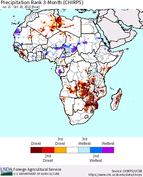Africa Precipitation Rank 3-Month (CHIRPS) Thematic Map For 7/21/2022 - 10/20/2022