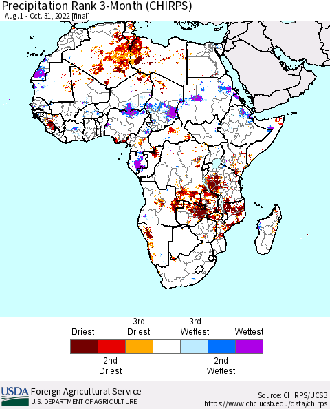 Africa Precipitation Rank 3-Month (CHIRPS) Thematic Map For 8/1/2022 - 10/31/2022