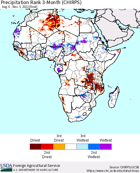 Africa Precipitation Rank since 1981, 3-Month (CHIRPS) Thematic Map For 8/6/2022 - 11/5/2022