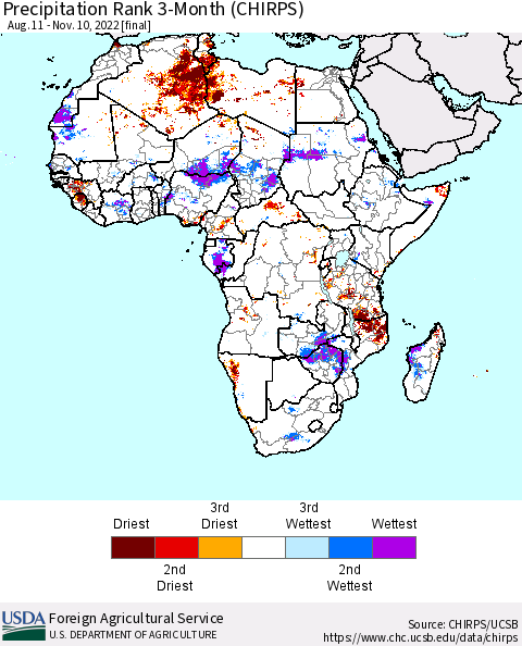 Africa Precipitation Rank since 1981, 3-Month (CHIRPS) Thematic Map For 8/11/2022 - 11/10/2022