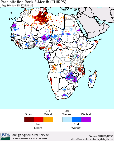 Africa Precipitation Rank since 1981, 3-Month (CHIRPS) Thematic Map For 8/16/2022 - 11/15/2022