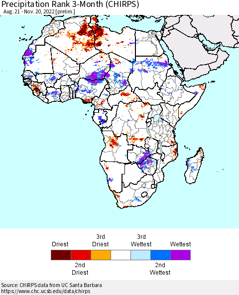 Africa Precipitation Rank 3-Month (CHIRPS) Thematic Map For 8/21/2022 - 11/20/2022