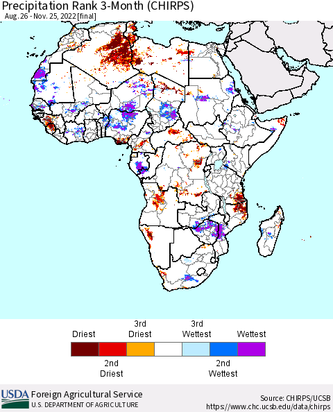 Africa Precipitation Rank since 1981, 3-Month (CHIRPS) Thematic Map For 8/26/2022 - 11/25/2022