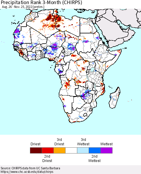 Africa Precipitation Rank 3-Month (CHIRPS) Thematic Map For 8/26/2022 - 11/25/2022