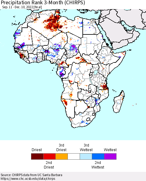 Africa Precipitation Rank 3-Month (CHIRPS) Thematic Map For 9/11/2022 - 12/10/2022