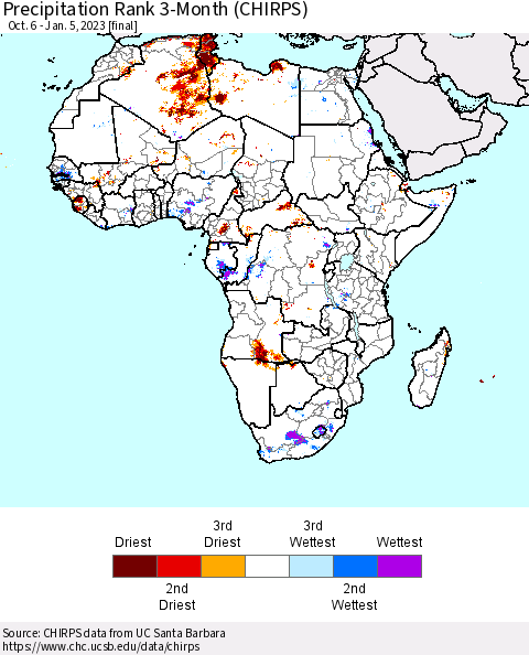 Africa Precipitation Rank since 1981, 3-Month (CHIRPS) Thematic Map For 10/6/2022 - 1/5/2023