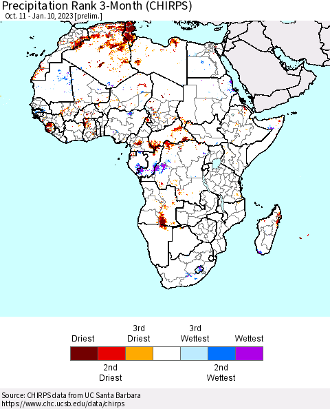 Africa Precipitation Rank 3-Month (CHIRPS) Thematic Map For 10/11/2022 - 1/10/2023